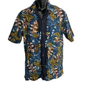 Vintage 90s Button Up Hawaiian Shirt L Blue Floral Short Sleeve Pocket Camp